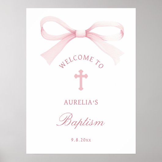 Watercolor Pink Bow Baptism Welcome ポスター (正面)