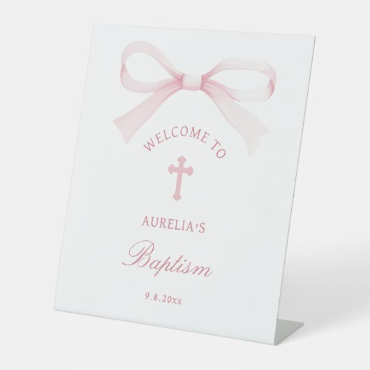 Watercolor Pink Bow Baptism Welcome 台座サイン (正面)
