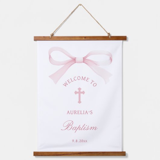 Watercolor Pink Bow Baptism Welcome 吊り下げ型タペストリー (正面)