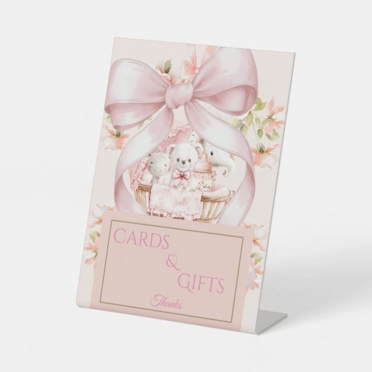 Watercolor Pink Bow Cards & Gifts Table Sign 台座サイン (正面)