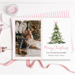 Watercolor Pink Bow Christmas Tree Photo シーズンカード