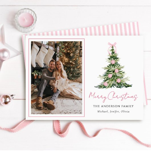 Watercolor Pink Bow Christmas Tree Photo シーズンカード