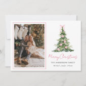 Watercolor Pink Bow Christmas Tree Photo シーズンカード (正面)