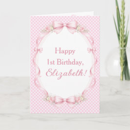 Watercolor Pink Bow Coquette 1st Birthday Greeting カード