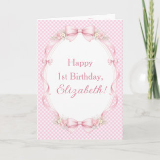 Watercolor Pink Bow Coquette 1st Birthday Greeting カード