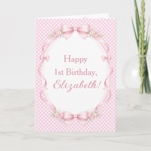 Watercolor Pink Bow Coquette 1st Birthday Greeting カード (正面)
