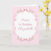 Watercolor Pink Bow Coquette 1st Birthday Greeting カード (黄色い花)
