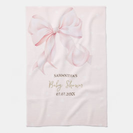 Watercolor Pink Bow Dots Baby Shower キッチンタオル