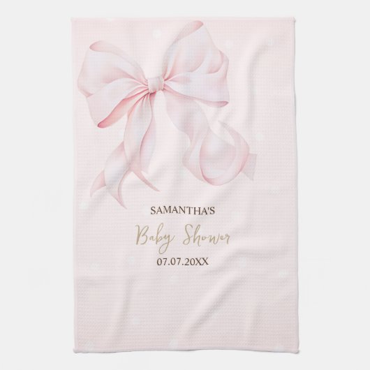 Watercolor Pink Bow Dots Baby Shower キッチンタオル (縦)