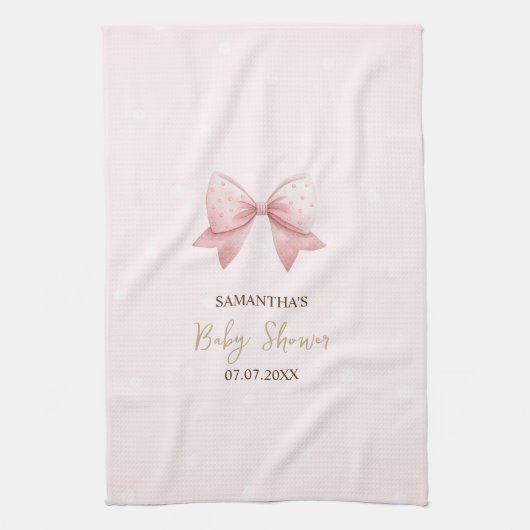 Watercolor Pink Bow Dots Baby Shower キッチンタオル (縦)