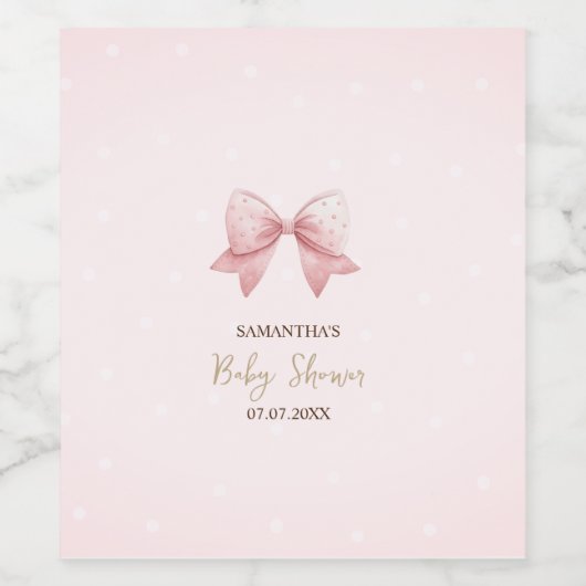 Watercolor Pink Bow Dots Baby Shower ワインラベル (シングルラベル)