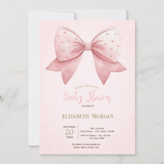 Watercolor Pink Bow Dots Baby Shower  招待状 (正面)