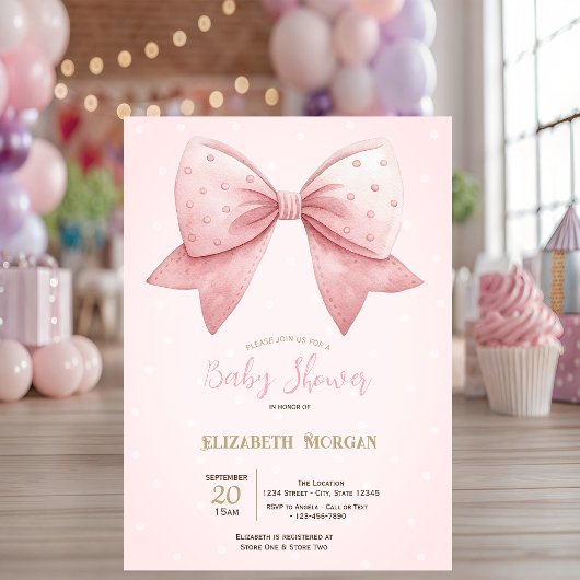 Watercolor Pink Bow Dots Baby Shower  招待状