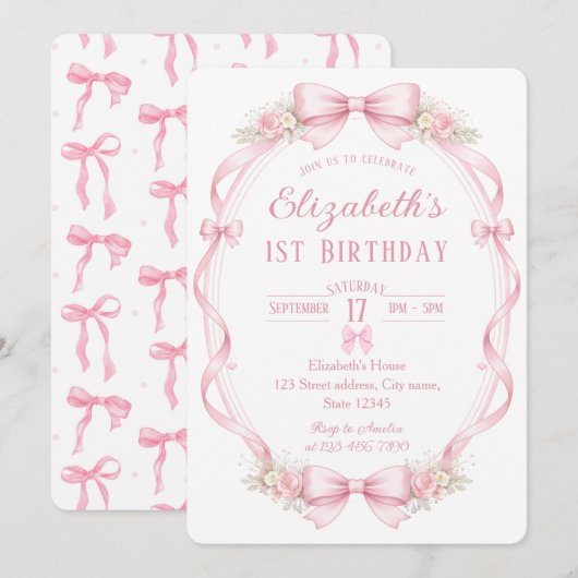 Watercolor Pink Bow First Birthday Invitation 招待状 (正面/裏面)