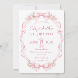 Watercolor Pink Bow First Birthday Invitation 招待状
