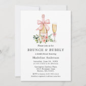 Watercolor Pink Bow Floral Bridal Shower Brunch 招待状 (正面)