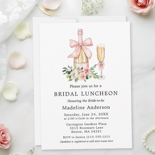 Watercolor Pink Bow Floral Bridal Shower Luncheon 招待状