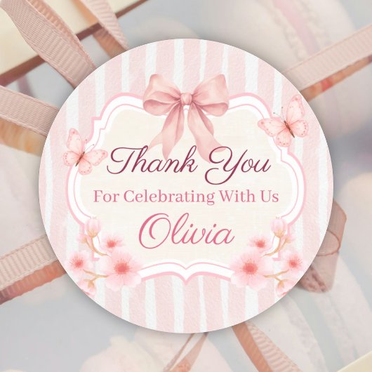 Watercolor Pink Bow, Flowers & Butterfly Birthday ラウンドシール