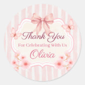 Watercolor Pink Bow, Flowers & Butterfly Birthday ラウンドシール (正面)