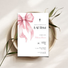 Watercolor Pink Bow for Girls Baptism Invitation 招待状