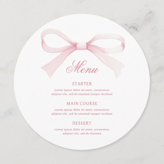 Watercolor Pink Bow Round Menu メニュー (正面)