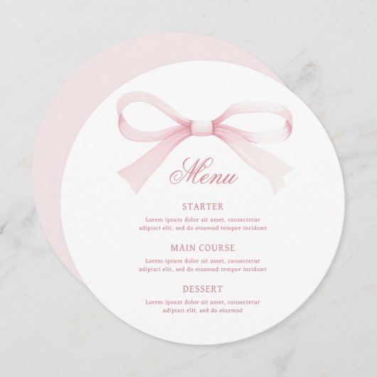 Watercolor Pink Bow Round Menu メニュー (正面/裏面)