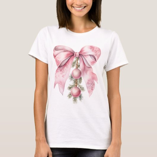 Watercolor Pink Bow with Baubles  Tシャツ (正面)