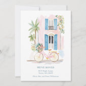 Watercolor Pink Building Bicycle We've Moved 案内状 (正面)
