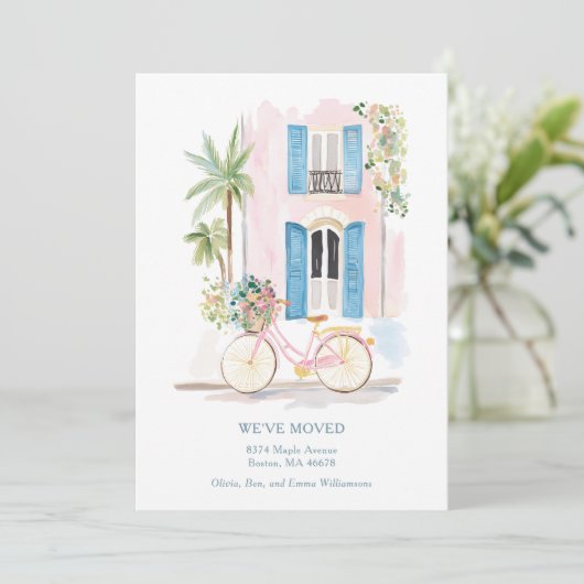 Watercolor Pink Building Bicycle We've Moved 案内状 (スタンド正面)