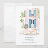 Watercolor Pink Building Bicycle We've Moved 案内状 (正面/裏面)