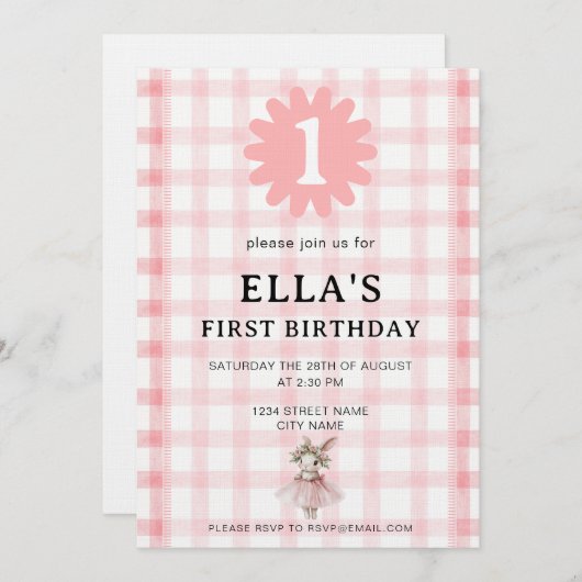 Watercolor Pink Check Bunny Birthday Invitation 招待状 (正面/裏面)