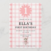 Watercolor Pink Check Bunny Birthday Invitation 招待状 (正面)