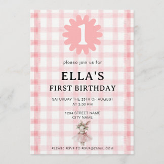 Watercolor Pink Check Bunny Birthday Invitation 招待状