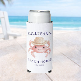 Watercolor Pink Crab Beach House Coastal Cottage スリム缶クーラー