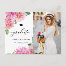Watercolor Pink Dahlia Floral Photo Graduation インビテーションポストカード