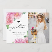 Watercolor Pink Dahlia Floral Photo Graduation 招待状 (正面)