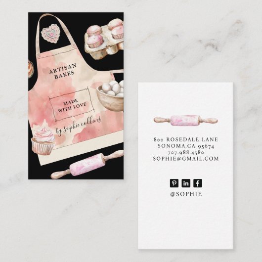 Watercolor Pink Desserts Pastry Chef 名刺 (正面/裏面)