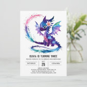 Watercolor Pink Dragon Digital Girl Birthday 招待状 (スタンド正面)