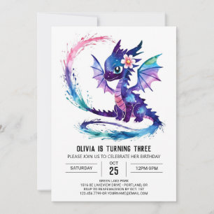 Watercolor Pink Dragon Digital Girl Birthday 招待状