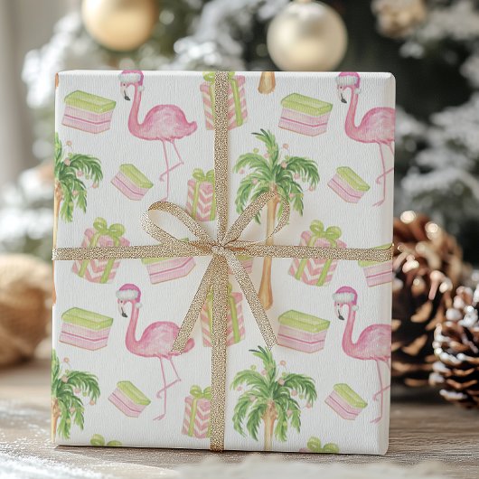 Watercolor Pink Flamingo Beach Christmas ラッピングペーパー