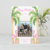 Watercolor Pink Flamingo Beach Christmas Photo シーズンカード (スタンド正面)