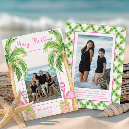 Watercolor Pink Flamingo Beach Christmas Photo シーズンカード