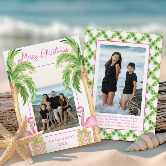 Watercolor Pink Flamingo Beach Christmas Photo シーズンカード