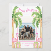 Watercolor Pink Flamingo Beach Christmas Photo シーズンカード (正面)