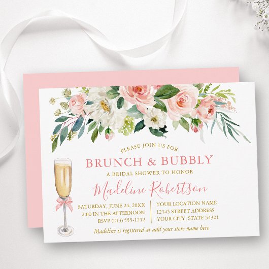 Watercolor Pink Floral Bridal Shower Brunch Gold 招待状