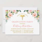 Watercolor Pink Floral Gold Medical Grad Party 招待状 (正面)