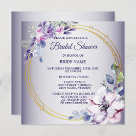 Watercolor Pink Floral Golden Purple Bridal Shower 招待状