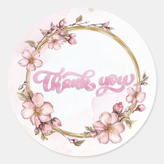 Watercolor Pink Floral Thank You  ラウンドシール (正面)