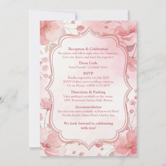 Watercolor Pink Floral Wedding Invitation 招待状 (裏面)