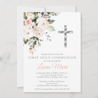 Watercolor Pink Florals First Holy Communion 招待状